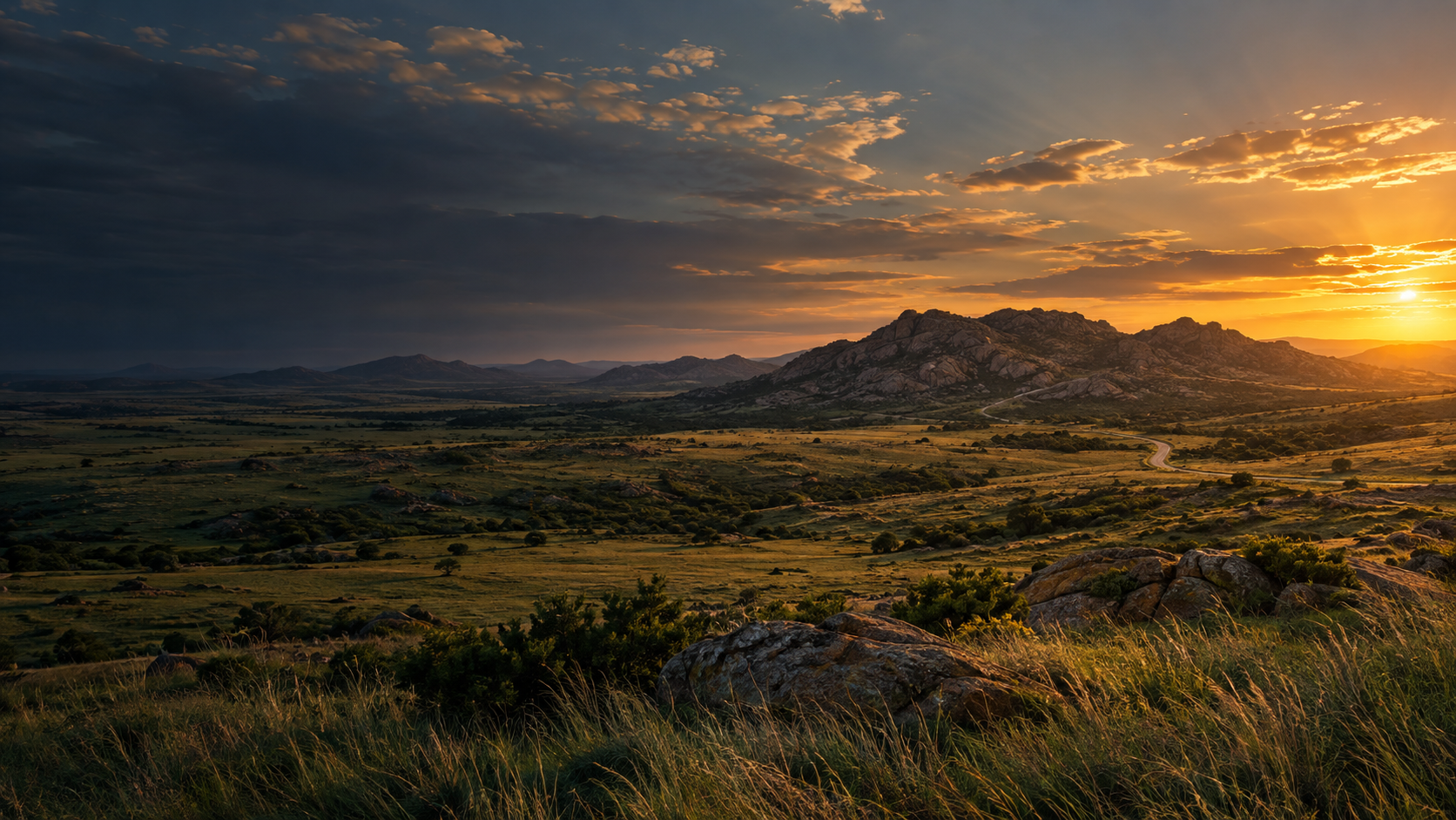 Golden evening light across the Wichita Mountains and Southwest Oklahoma prairie